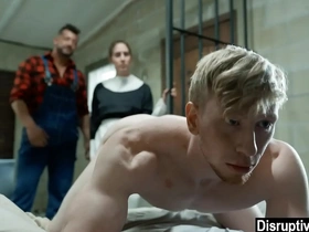 Muscular top dominates with rough anal sex in gay BDSM scene