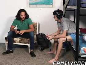 Stepson and stepfather seduce nerdy twink for breeding session