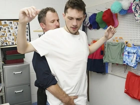 Straight muscle hunk catches gay twink in mall shoplifting incident