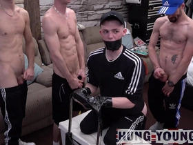 Six horny men in self-isolation engage in gay group sex with one of them called the ‘resident cum dump’ in a live webcam show.