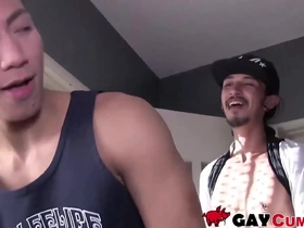 A skinny Asian man immediately starts sucking a hairy cock.