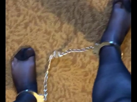 Gay pantyhose and leg shackles BDSM equipment
