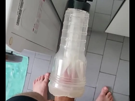 A gay man masturbates with a flashlight and ends up ejaculating.