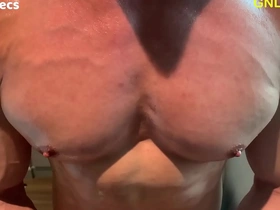 Asian hunk with great body covered in oil, nipple play and edging.