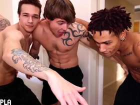 Straight jock tries out gay sex for the first time and is very nervous.