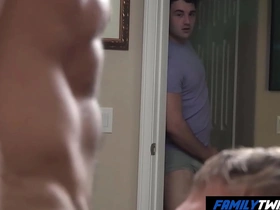Gay family fun with stepfather and stepson with a hot delivery boy