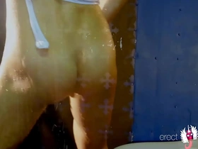 Steamy shower scene with a hot guy in a bodysuit dancing with a wet ass.