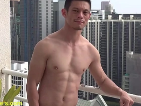 Fitness enthusiast enjoys poolside photoshoot in the buff.