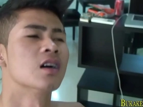 Gay anal sex with an Asian twink with a bukkake finale