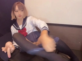 A beautiful cosplay costume clad blonde is alone in this scene and has a big cock.