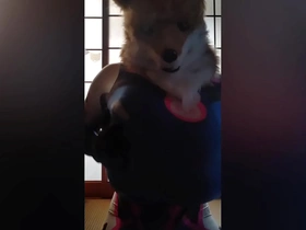 Cross dressing BustyFox shows off her large implants
